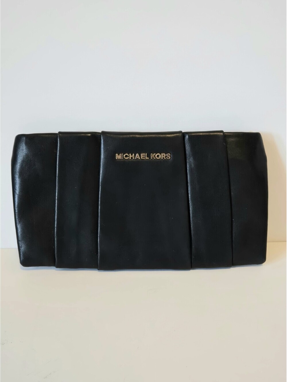 Michael Kors Black Leather Pleated Clutch Bag Gold Logo Evening Missing Strap